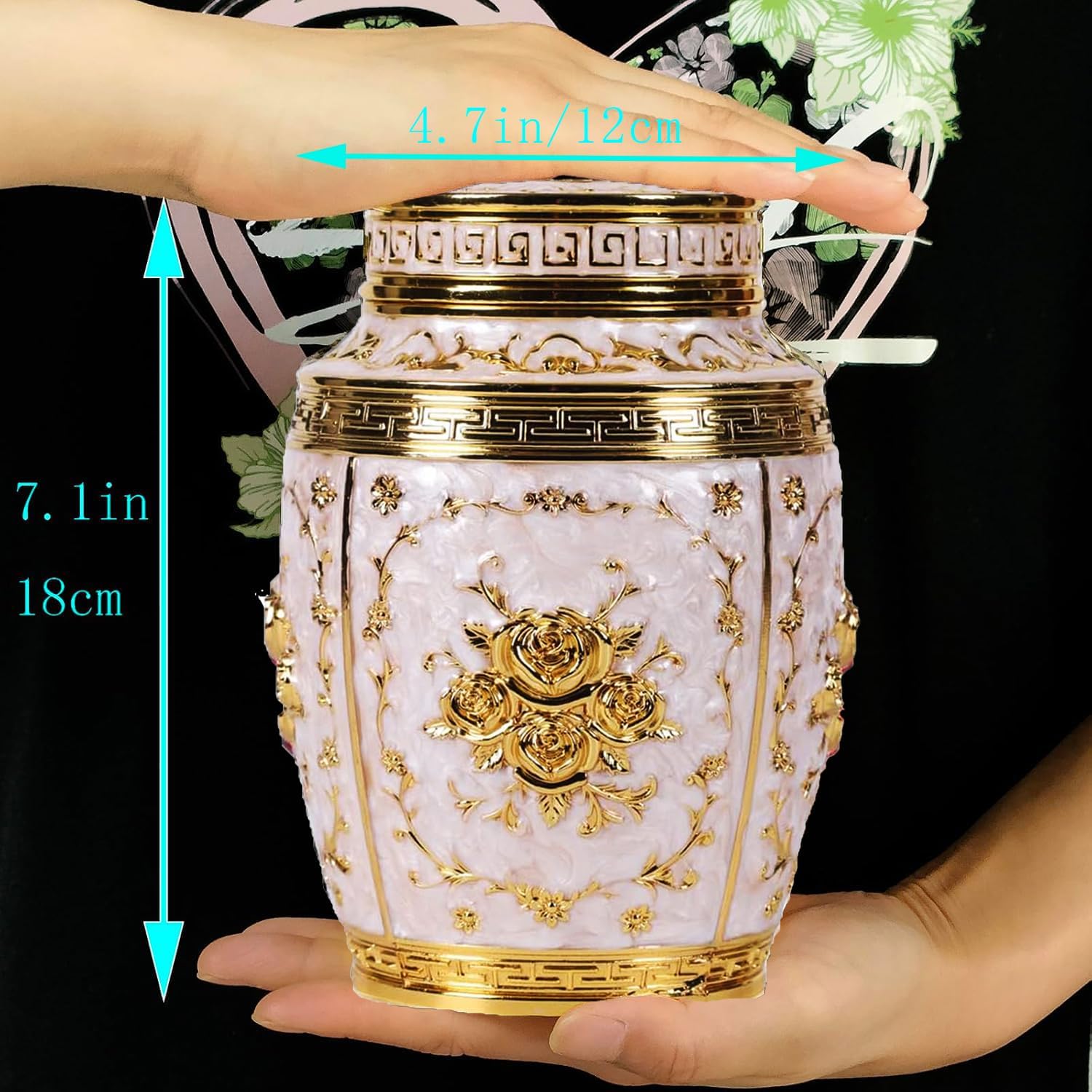 Keepsake Rose Urns for Human Ashes Medium Cremation Burial Urn for Adult Human Ashes Beautiful Zinc Alloy Decorative Funeral Urns, 7.1" H x 4.7" L（Gold）