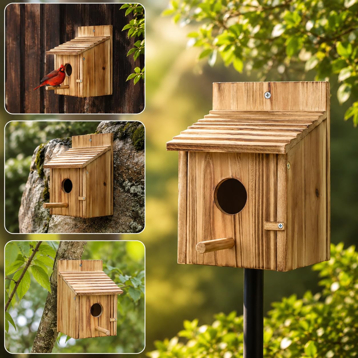 Casa de pájaros de Madera, casa de pájaros de Madera para Exteriores con Poste para pinzón, pájaro Azul, cardenales, casa de pájaros Colgante, jardín, Casas de Campo