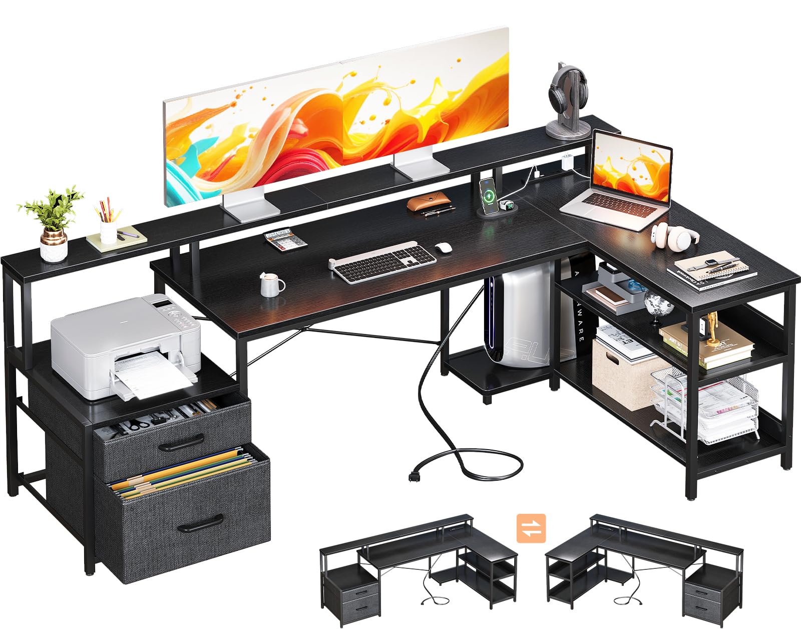 ODK パソコンデスク 引き出し2杯 ゲーミングデスク コンセント付き l字デスク 棚付き 机 desk pcデスク 勉強机 オフィス ワーク 幅172 事務机 在宅勤務 組立簡単 ブラック