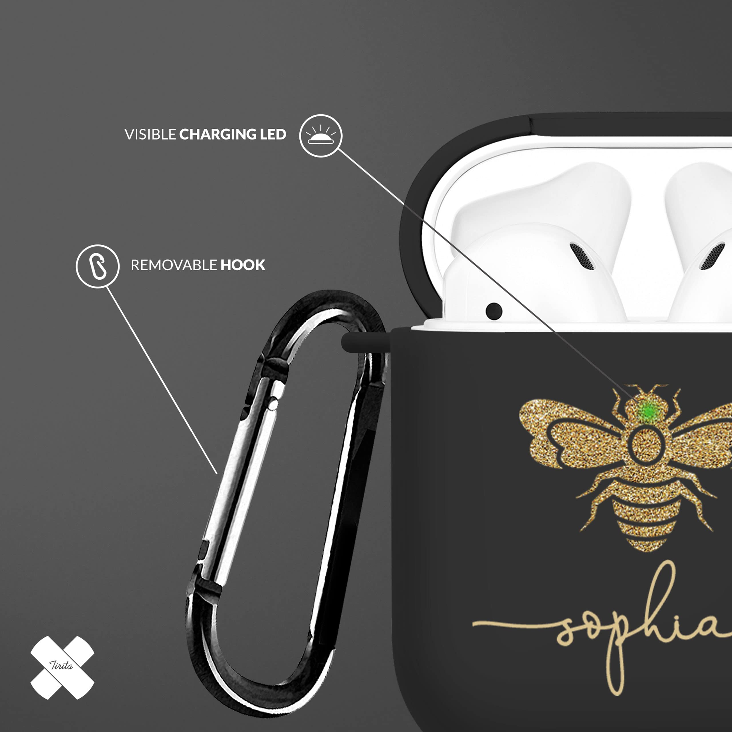 Tirita Personalised Custom Case Compatible with Apple AirPods 4th gen, Support Wireless Charging, with Carabiner, Front LED Visible [14- Golden Bee] — view 107
