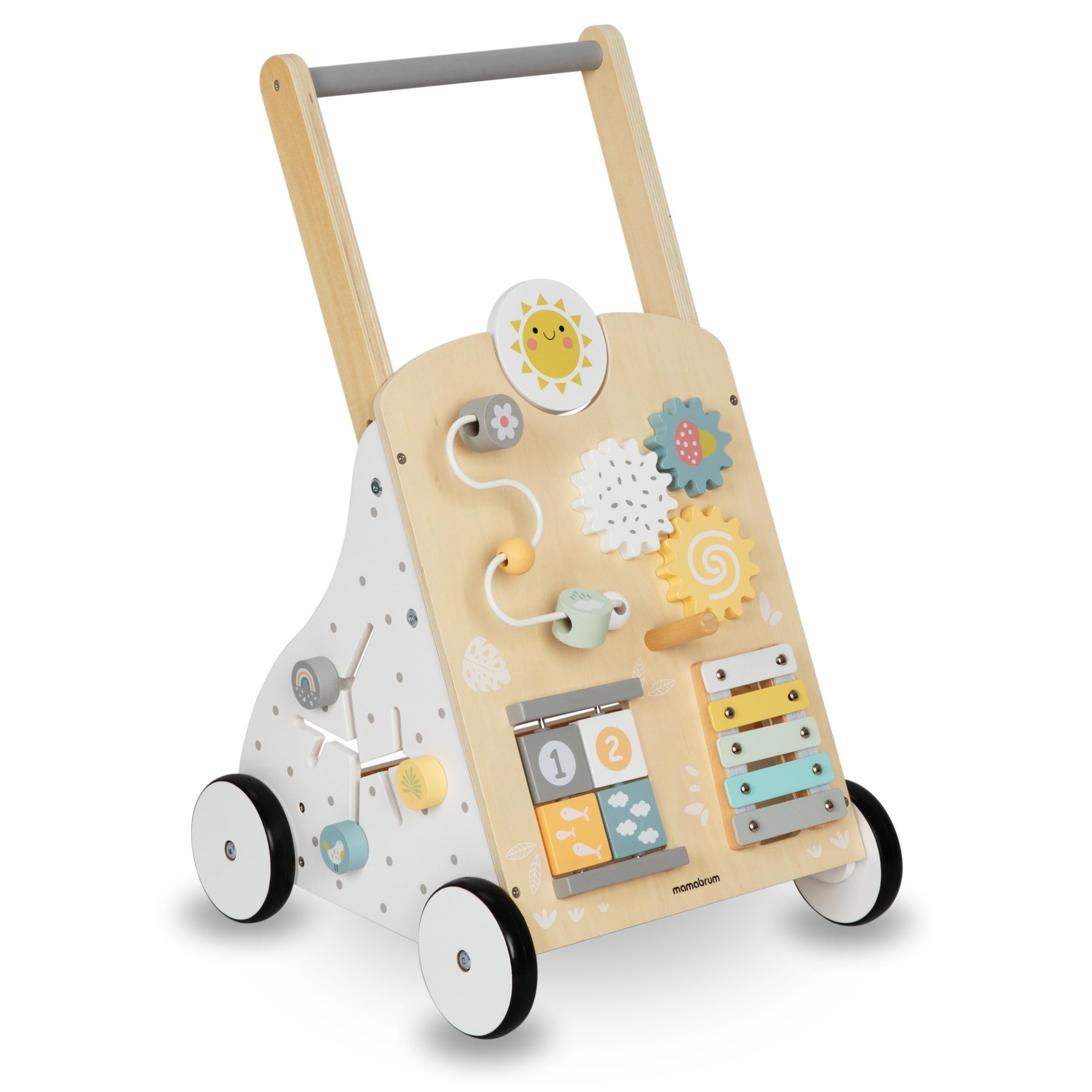 Mamabrum MAM172 Trotteur Bebe 8-en-1, Table d'Activité avec Poussoir en Bois, Centre de Manipulation, Hauteur Réglable 58-66cm - Jouet Éducatif pour Premiers Pas