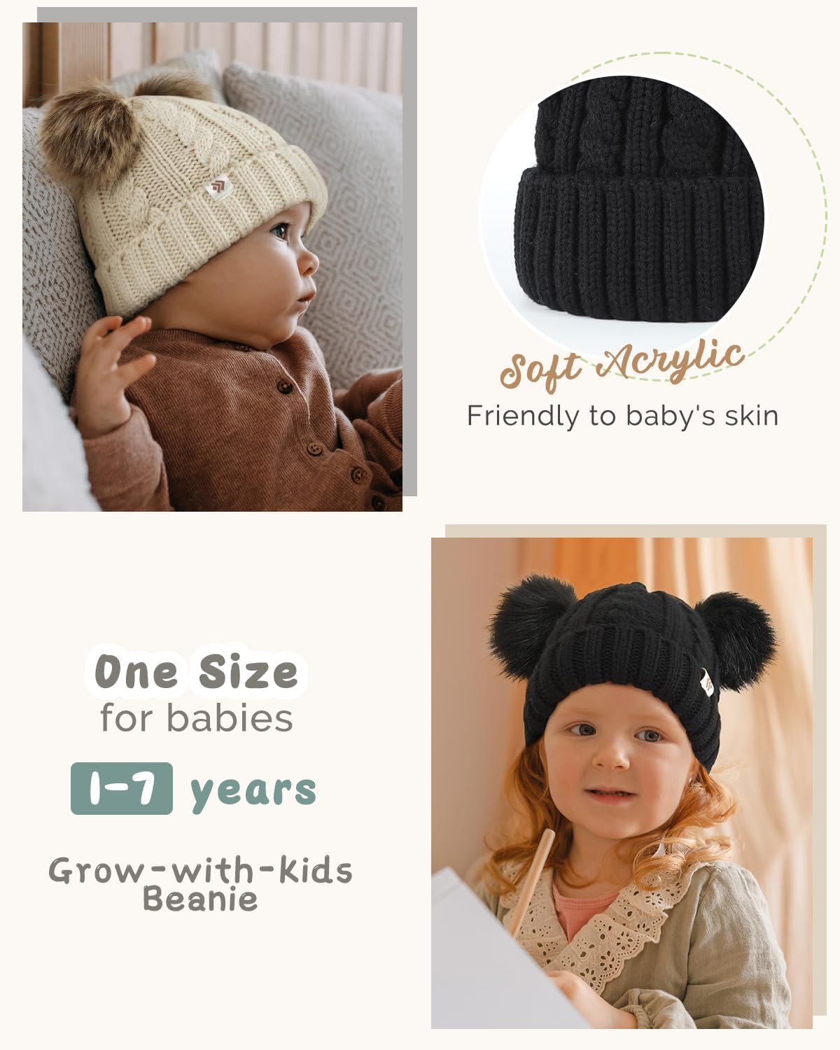 Kids Beanie Satin Lined Winter Beanie Hat for Baby Boy Girl Warm Todders Beanie with Double Pom Pom Ears 1-7 Years - Image 5