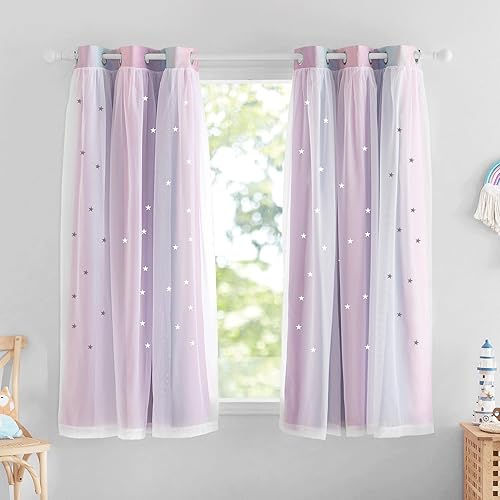 NICETOWN Girls Curtains for Bedroom Decorative Drapes for Kids Double Layer Curtain Sheer Overlay Room Darkening Pretty Princess Curtains for Nursery, 42x63 inch, Purple & Blue & Pink, 2 PCs
