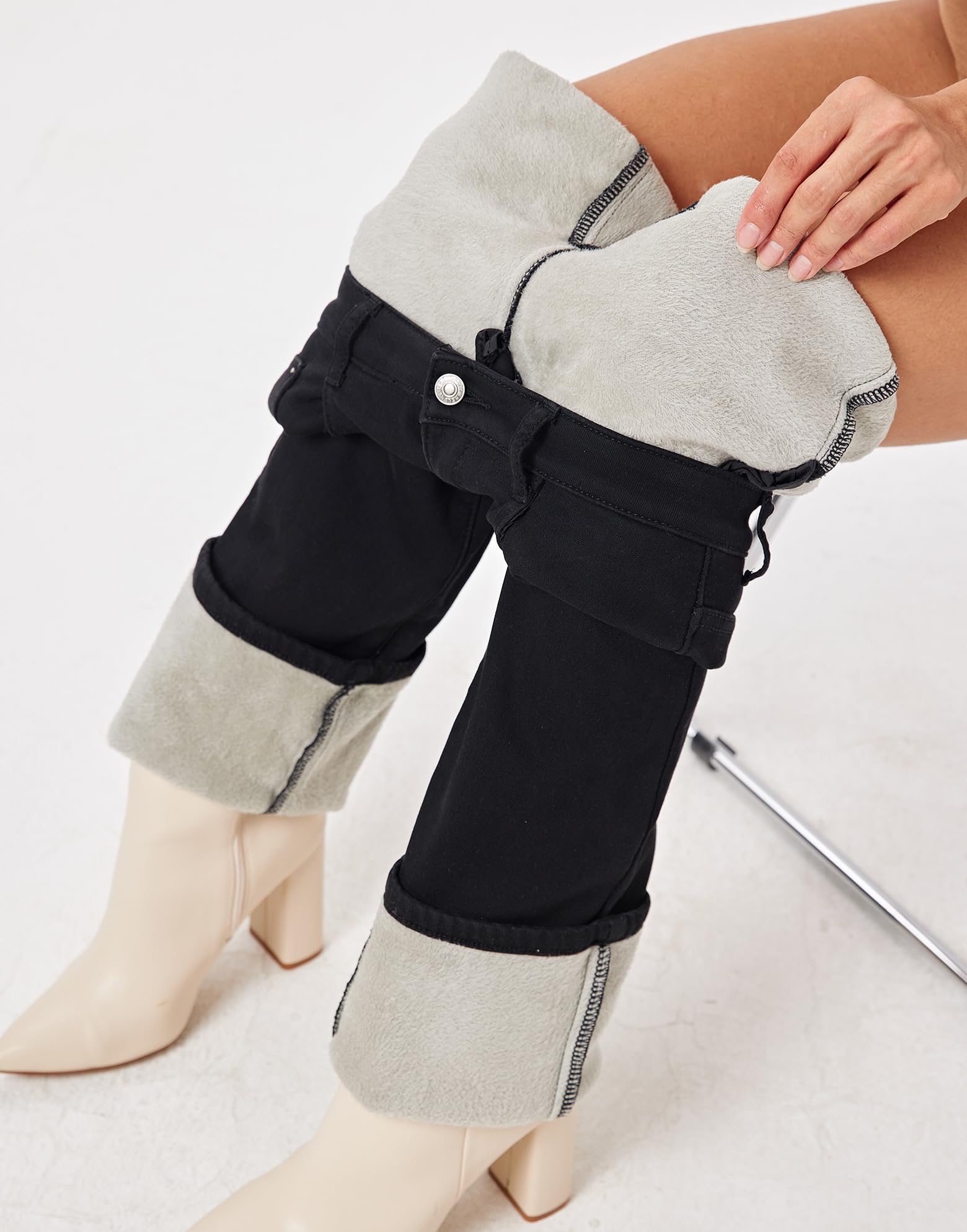 Fakanhui Damen Fleece Gefüttert Weites Bein Jeans Winter Thermo Flanell Lose Casual Warm Jeans