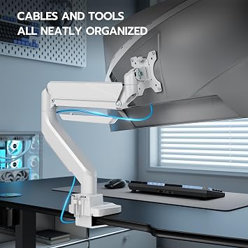Heavy Duty Single Monitor Mount for 13-49 Curved Screens, White | Gas Spring Desk Mount Stand with C Clamp/Grommet Mounting Base up to 40lbs