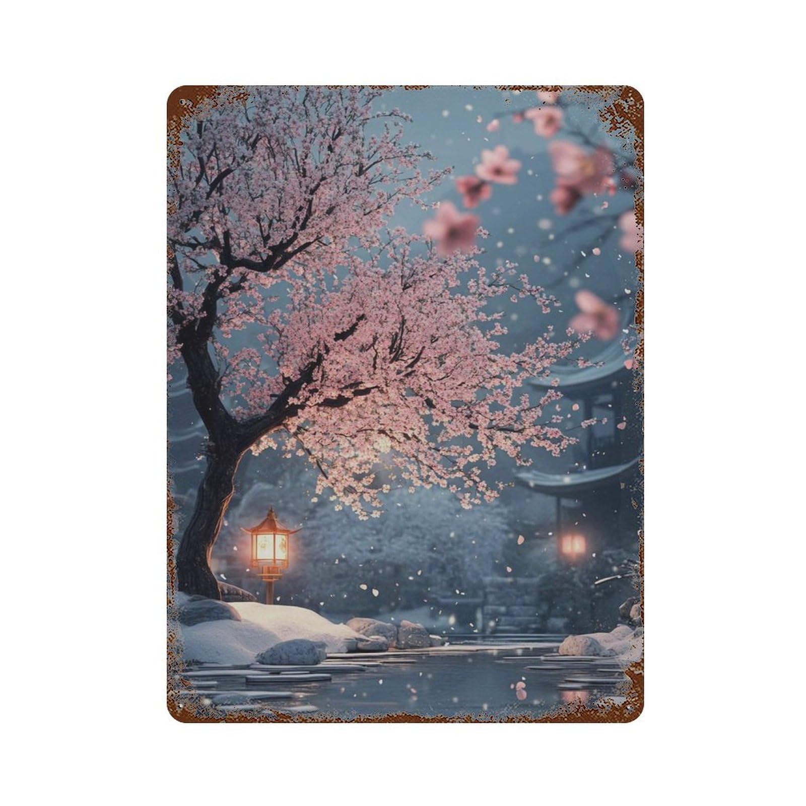 xiaoxiaoshen Japanese Cherry Blossom Tranquil Lantern Garden Pink Sakura Reflection Wall Decor Art Metal Tin Poster Modern Home Decor Art Home Bar Shop Decorations Vintage Sign 40x30cm