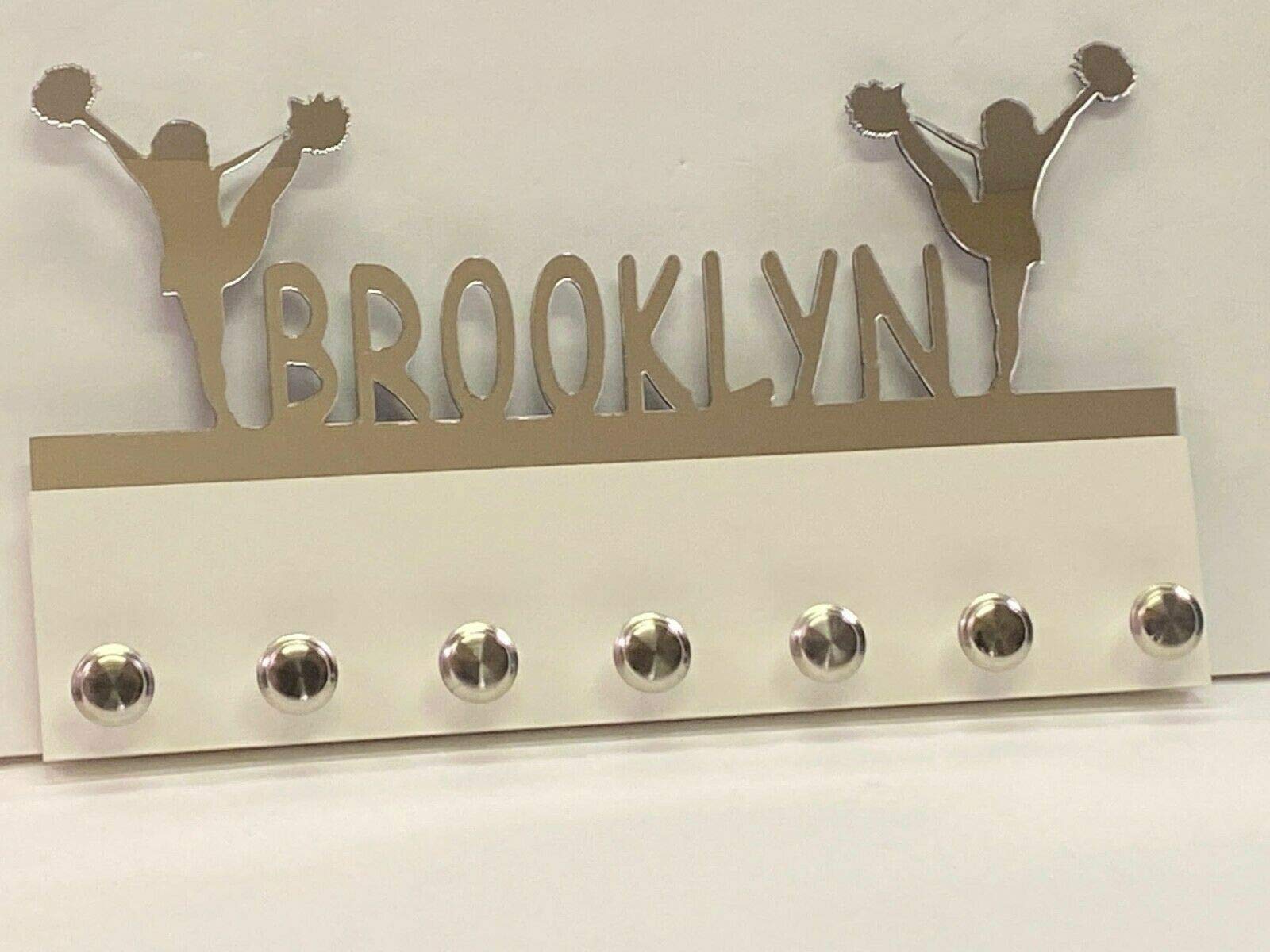 MIRROR MANIA Custom Personalized Name Medal Holder, Cheerleader Cheer Display Awards Hanger Rack with Hooks for 60+ Medals, Ribbons, Sports 16'' Wide, One of A Kind Made to Order with Your Name On It