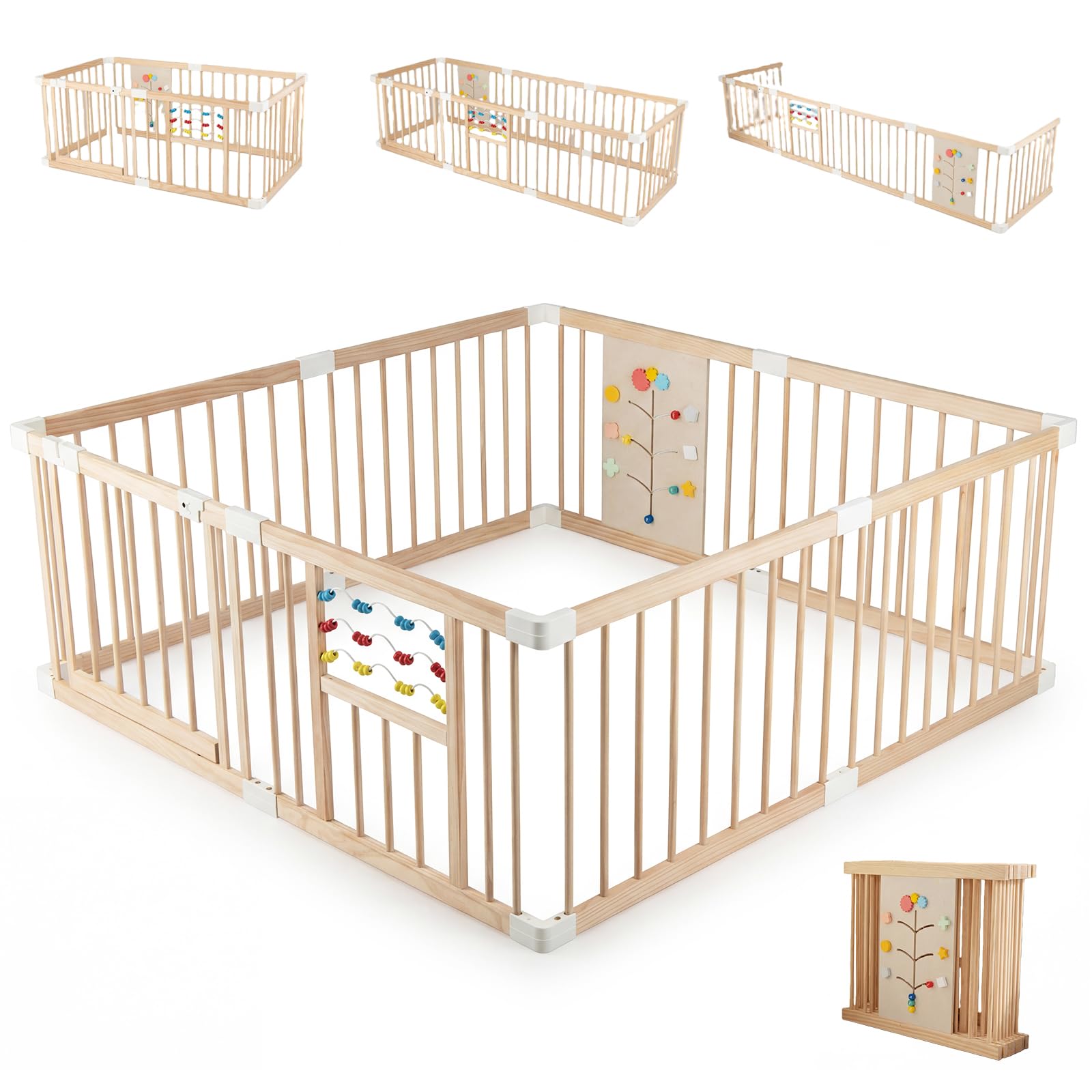 COSTWAY Parc Bébé Bois Pin Pliable, Porte Verrouillable et Jouets Montessori, Large Barrière de Sécurité 8 Panneaux, Parc Bebe Modulable pour Tout-petits 6 à 24 Mois, 160 x 160 x 61,5 CM
