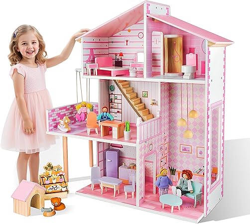 Doloowee Wooden Dollhouse for Girls, Modern Doll House with 31Pcs Furniture & Accessories, DIY Pretend Play Toys with 4 Dolls Figure and 1 Puppy, Gift for Kids Ages 3+