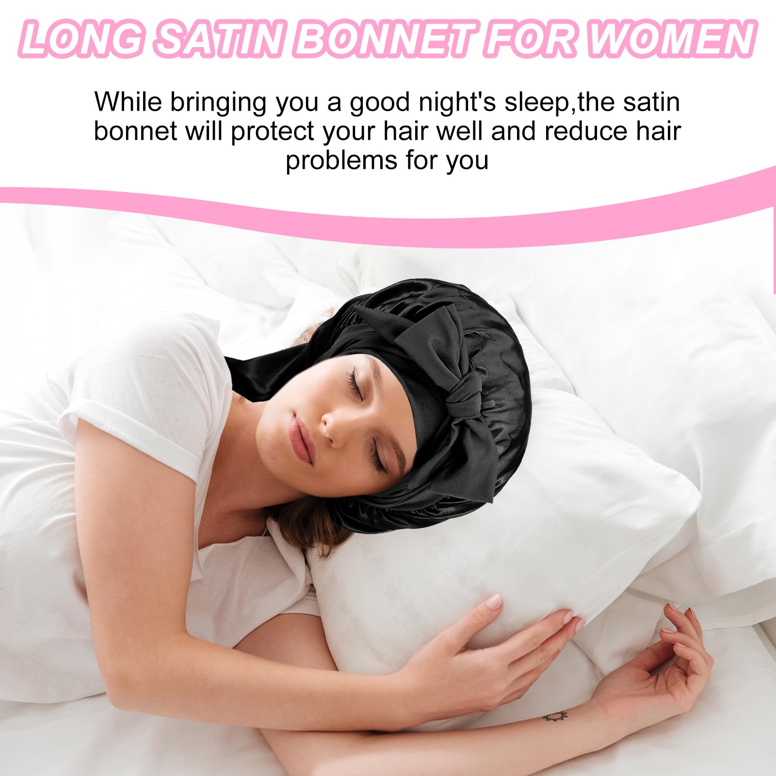 Abeillo Cuffia lunga in raso per donne che dormono, grande cuffia per capelli in seta con fascia elastica per trecce capelli ricci