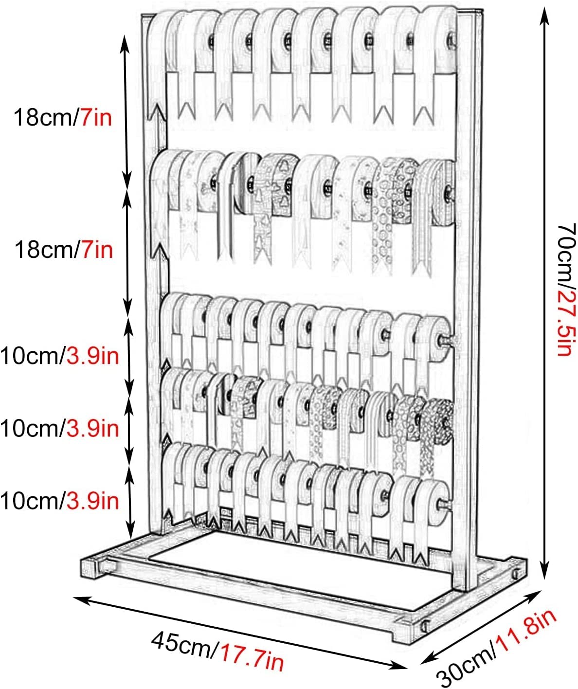 Organizador de almacenamiento de metal – 5 niveles comerciales de cintas para sala de manualidades, tienda de flores, sala de costura, soporte extraíble para barra