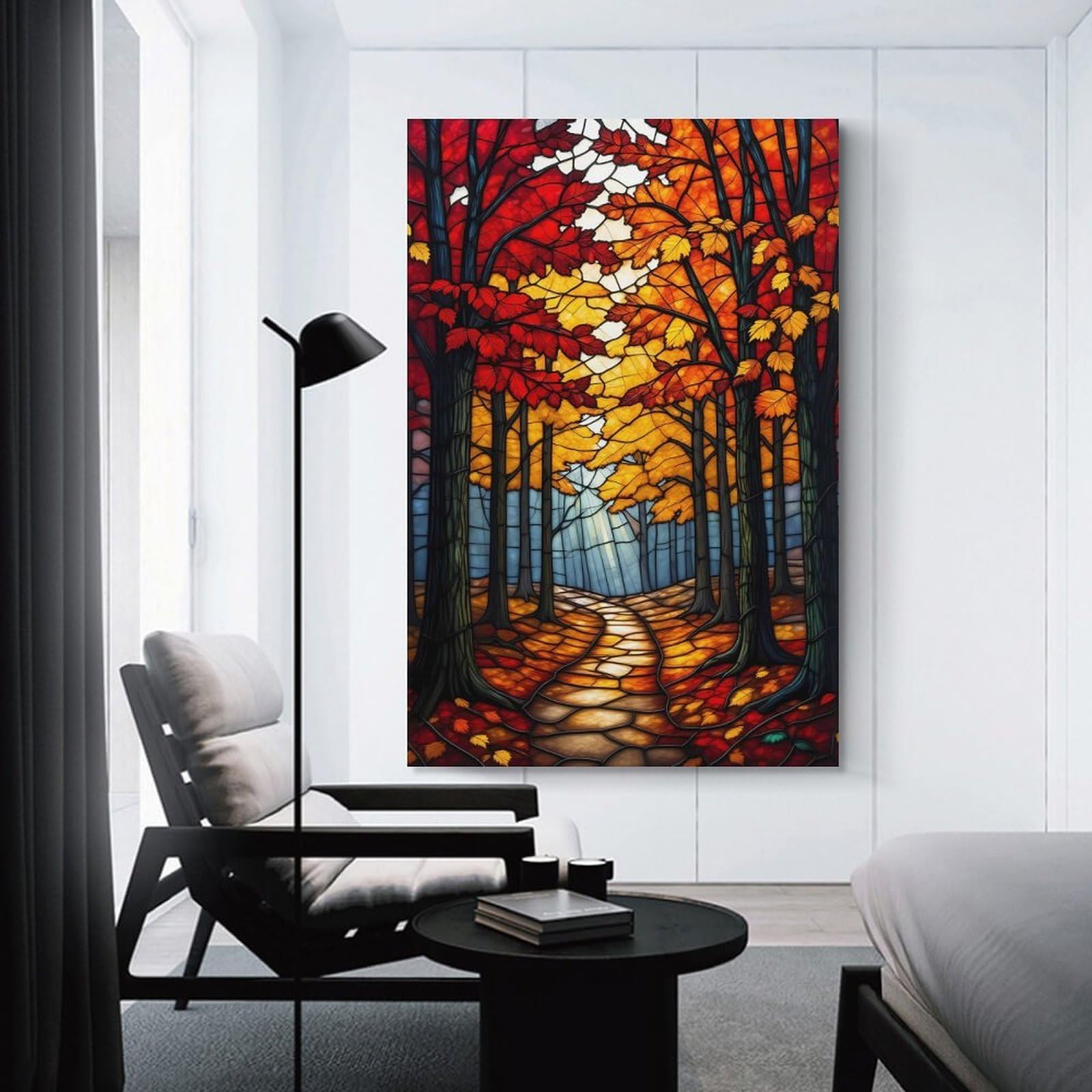 Junmoney Stained Glass Autumn Forest Path Home Decor Wall Art 24x36inch(60x90cm), for Living Room, Lounge Or Sitting Room, A Home Accent with Warm Character