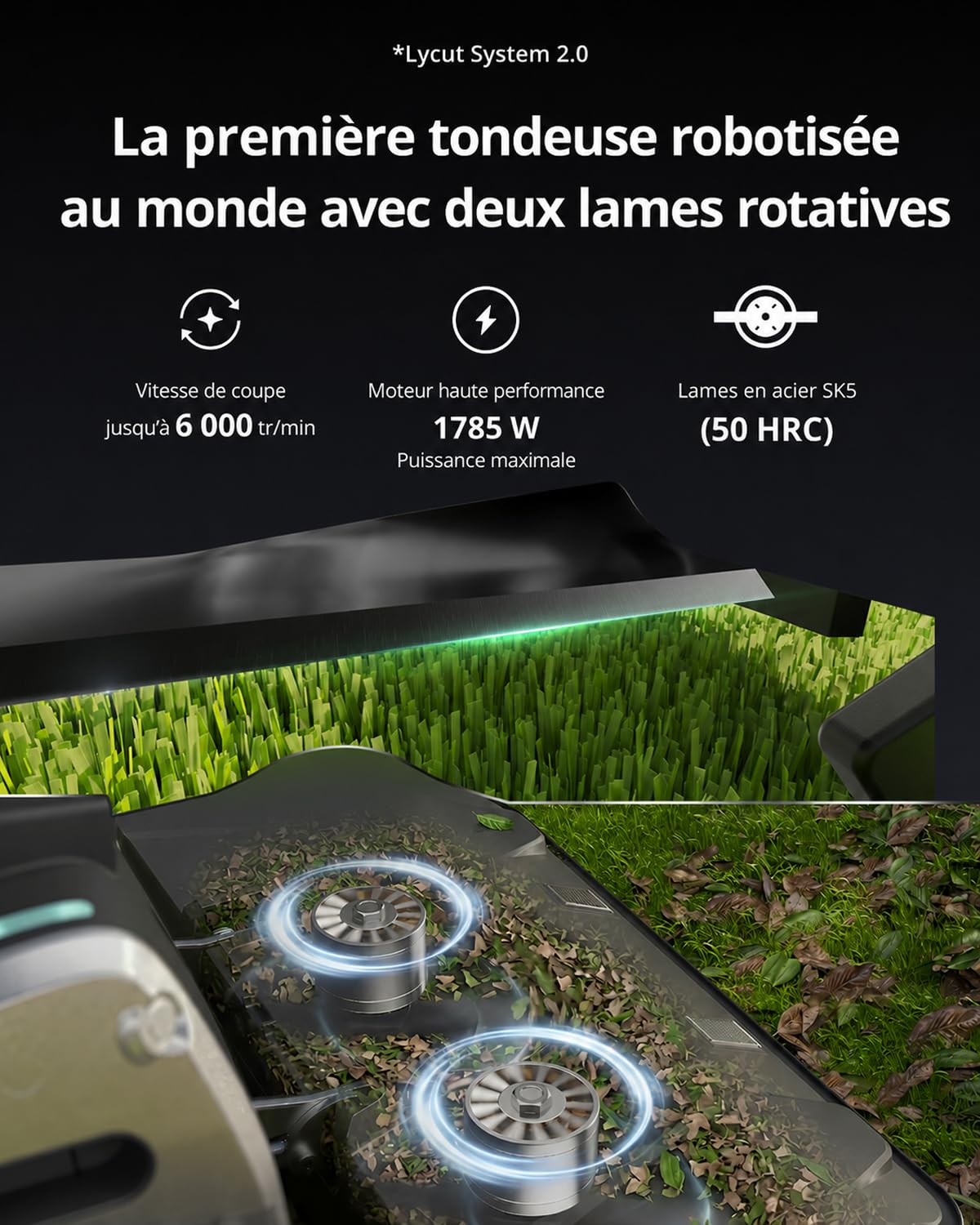 Lymow One Plus Robot Tondeuse Évitement d'obstacles IA, Pentes 45°, Double Lame Rotative SK5, Hauteur de Coupe 30-100 mm, RTK+VSLAM, pour 7000 ㎡, Gestion 80 Zones, App Control