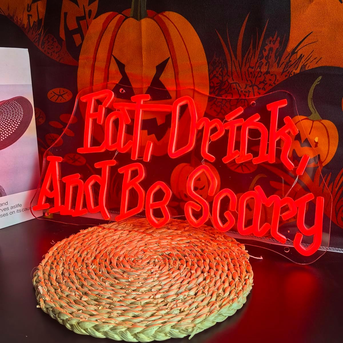 Eat Drink And Be Scary Neon Sign Halloween Neon Light for Wall Decor Dimmable Spooky Led Light Up Sign for Horror Room Window Home Bar Party Gothic Font Halloween Decoration image 3