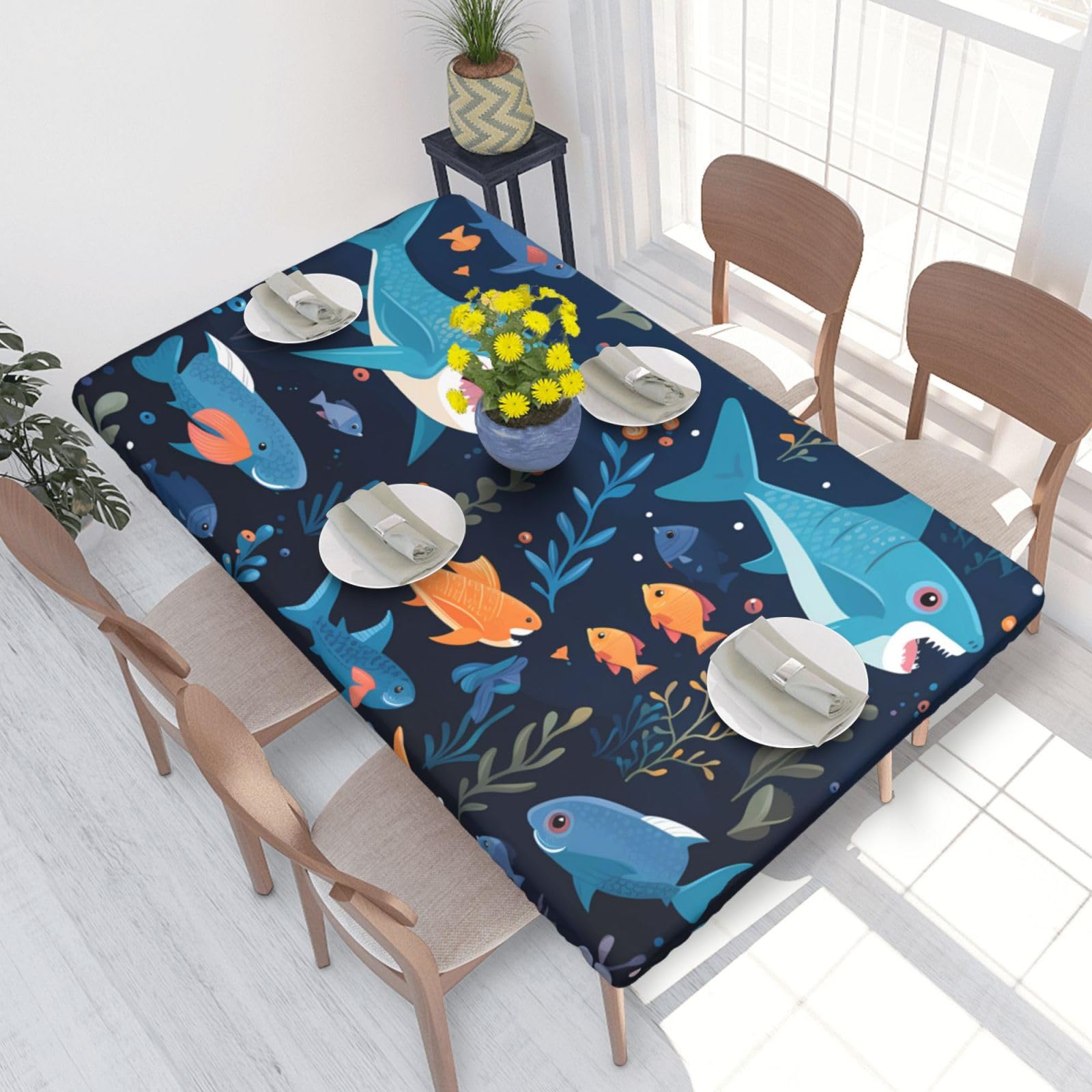 Dolphin Waterproof Square Table Cover Elastic Fitted Tablecloth Oil Proof Table Protector For 4ft Table