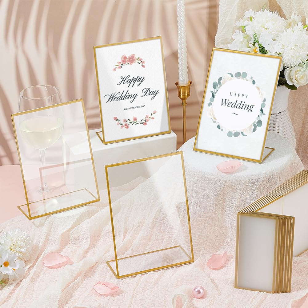 14 marco dorado de 13,3 x 18,8 cm soporte de panel de acrílico transparente para número de mesa de boda, marcos de fotos de acrílico expositor en forma de L para menú boda, restaurante