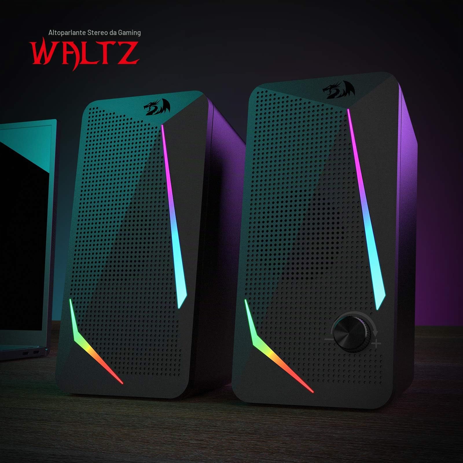 Redragon GS510 Waltz - Altoparlante da scrivania RGB a 2.0 canali stereo con retroilluminazione a LED, bassi migliorati e controllo del volume facilmente accessibile, con USB e cavo da 3,5 mm