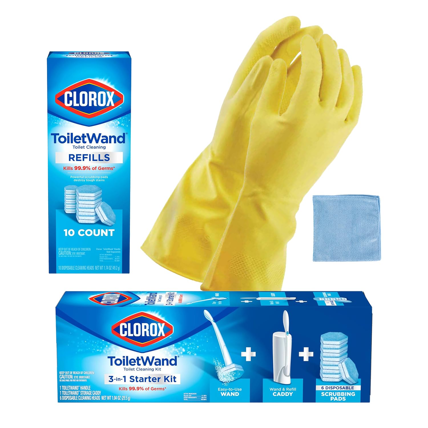 Toilet Wand Starter Kit With Caddy and 16 Original Disinfecting Refill Heads Bundle with Latex Gloves and Cleaning Cloth
