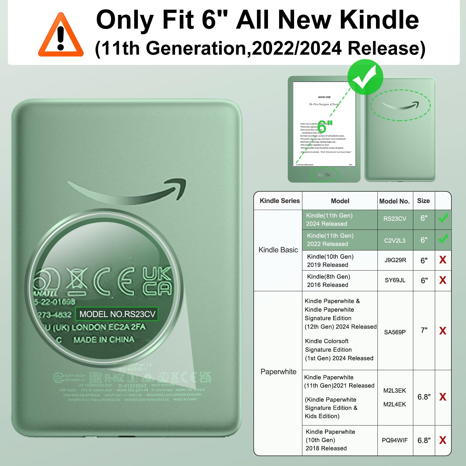 MoKo Case for 6" All-New Kindle (11th Generation-2024/2022 Release), Lightweight Shell Cover with Hand Strap Auto Wake/Sleep for Kindle 11th Generation 2024 e-Reader, Agave Green