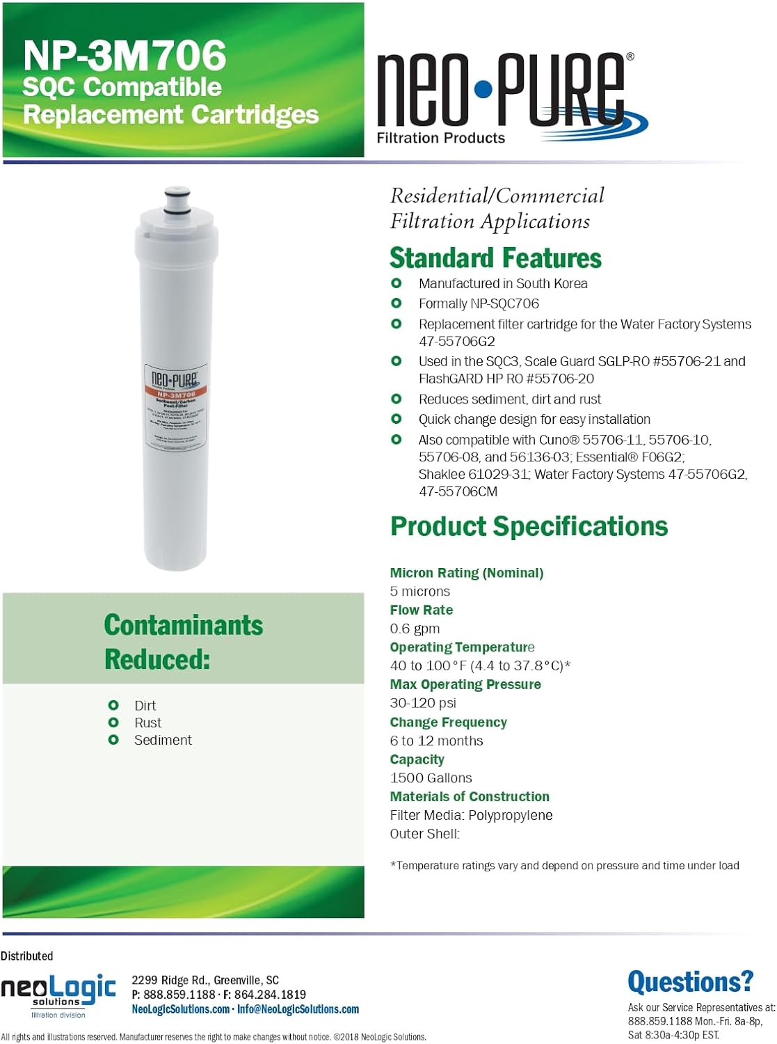 Neo-Pure NP-3M706 SQC Compatible Sediment/Carbon Prefilter - 3M SQC Replacement Cartridge for Reverse Osmosis Systems, Universal RO Pre-Filter, Reduces Sediment and Chlorine for Clean Drinking Water