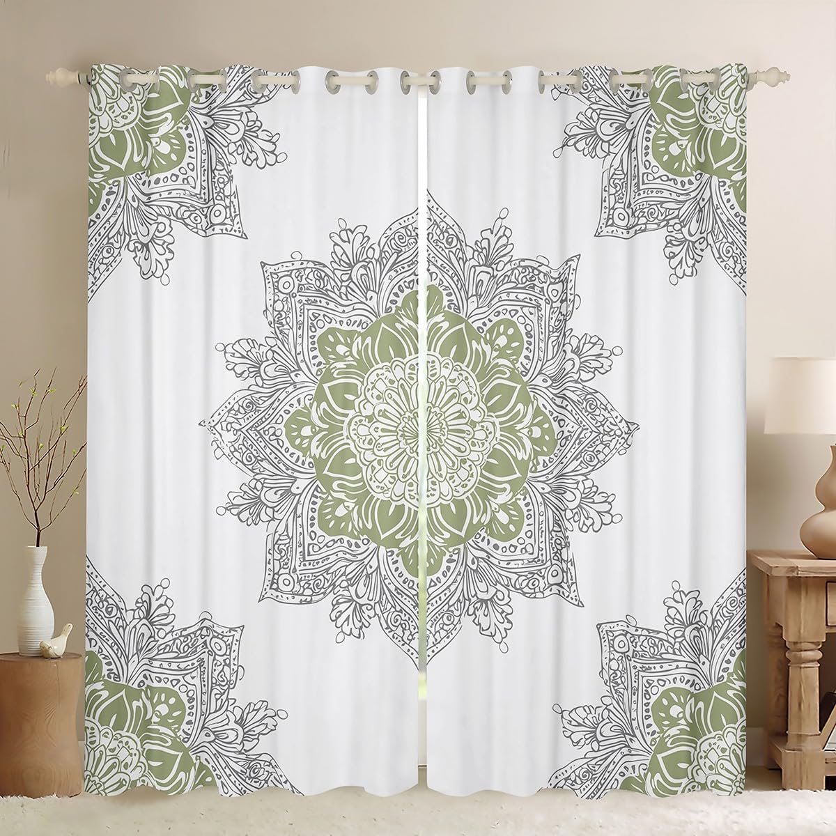 Erosebridal Aesthetic Floral Curtains Bohemian Mandala Blackout Curtains for All Ages, Tribal Paisley Curtains & Drapes Chic Flower Bedroom Curtains, Boho Hippie Window Treatments Green White Grey