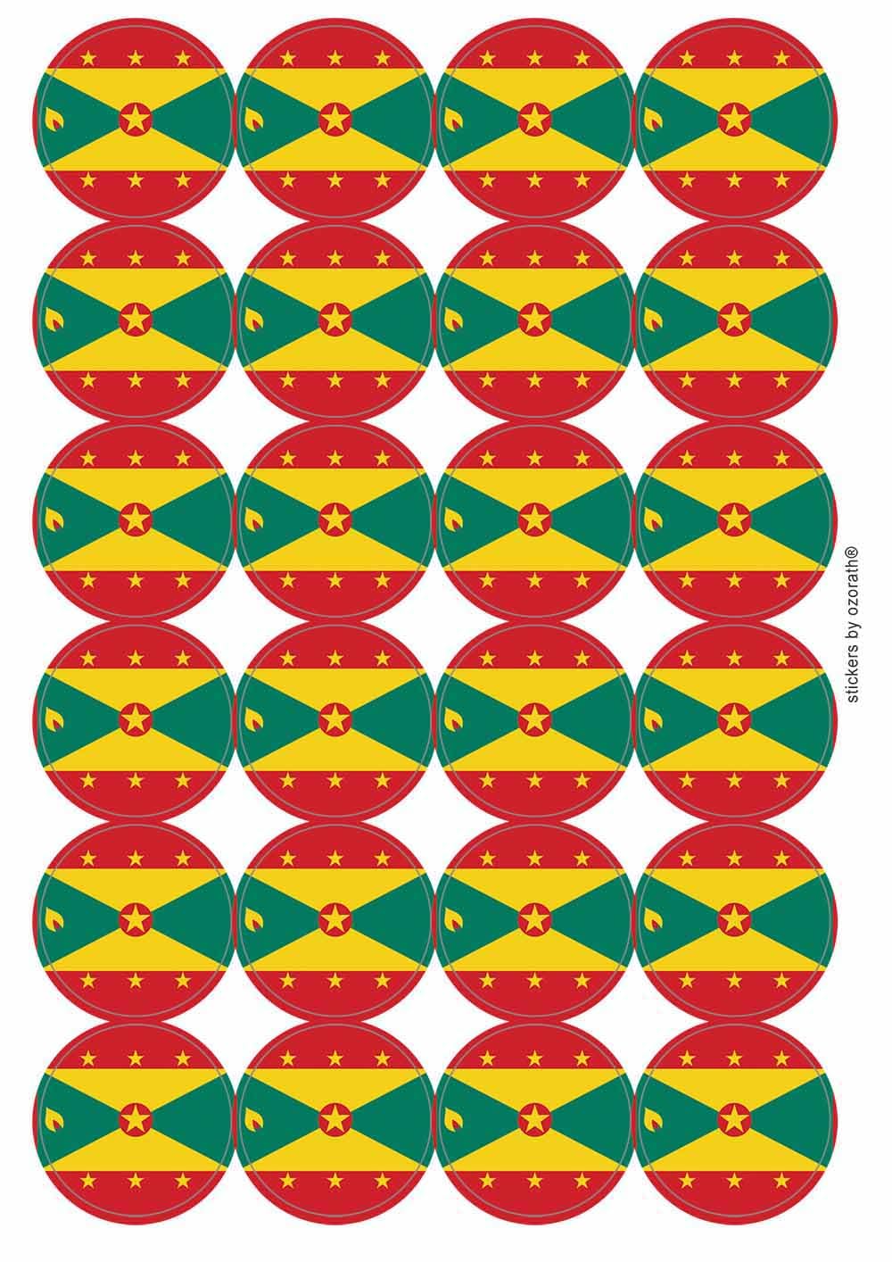 Grenada National Flag Circular Matt Paper Stickers A4 Sheet of 24 (Each Sticker is 45mm Diameter)