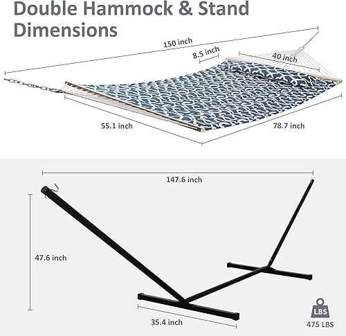 Miniatura 6 de SUNCREAT Hamaca para dos personas con soporte, capacidad de 475 libras, hamaca portátil para patio con barra separadora de madera dura, almohada