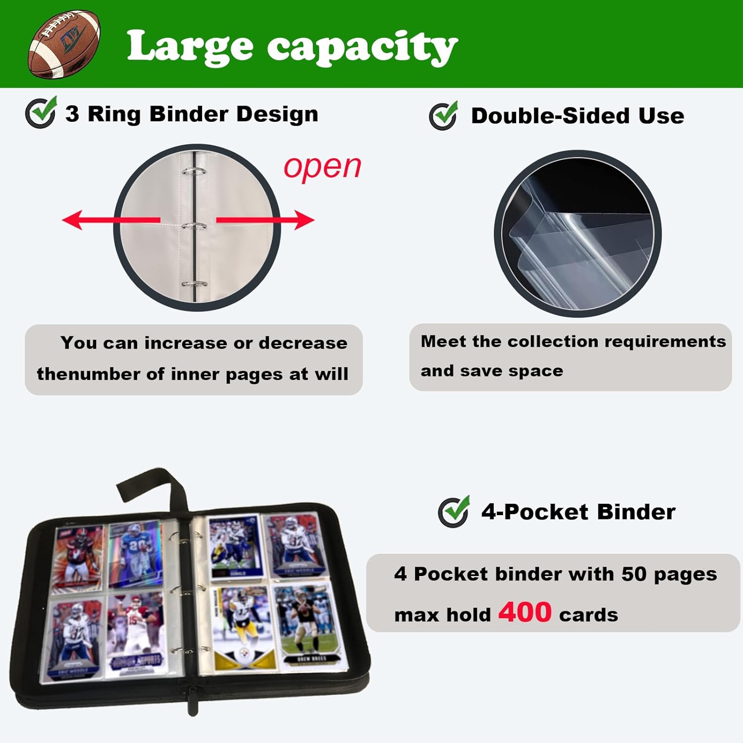 Football Card Binder 400 Pockets,Football Trading Cards Holder Card Collectors Album,Dustproof Card Storage Book with Removable Sleeves