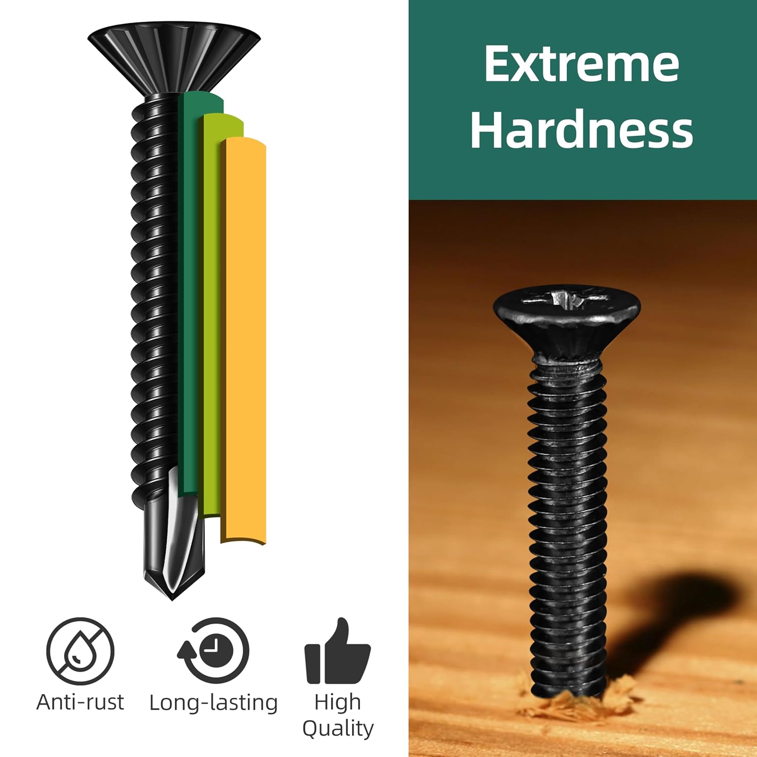 400Pcs #8 x 3/4" Self Tapping Screws for Metal, Black 410 Stainless Steel Serrated Flat Head Self Drilling Sheet Metal Screws for Aluminum Steel Furniture Windows Ceilings Slidings Railings