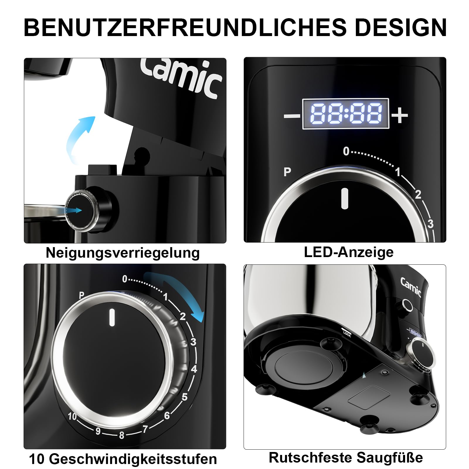 Camic Küchenmaschine mit 3 Zubehörteilen (Knet-, Rühr-, Schneebesen),Teigmaschine mit LED-Display, Zeit einstellen, 10 Geschwindigkeitsstufen, 2 Edelstahlschüsseln 4L+5L, für Teig, Brot, Pizza, Kuchen