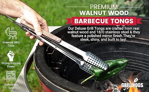Miniatura 3 de GRILLHOGS Juego de herramientas para parrilla de barbacoa resistente, madera de nogal premium, espátula con abridor de botellas y borde dentado,