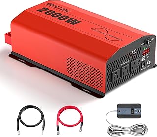 BESTEK 2000W Pure Sine Wave Power Inverter DC 12V to AC 110V Outdoor Inverter With Peak Power 4000W,Remote Control and LED Display ,3 AC Outlets and 2 QC USB Ports,Dual Cooling Fans Inverter,ETL Listed