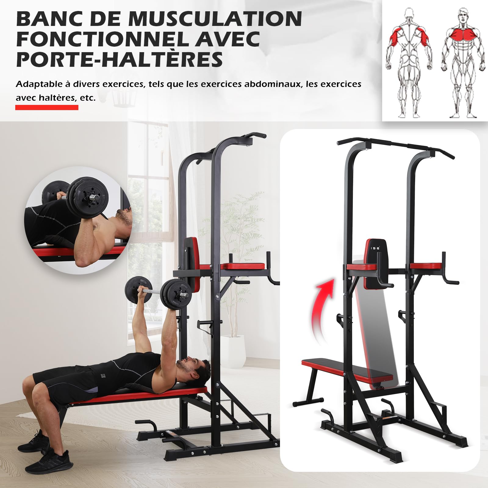 ISE Chaise Romaine Multifonction Barre de Traction Station avec Banc de Musculation pour Dips, Pompes, Développé-Couchés, Station Musculation, Chaises Romaine Complet Rouge/Noir 107x66x224CM