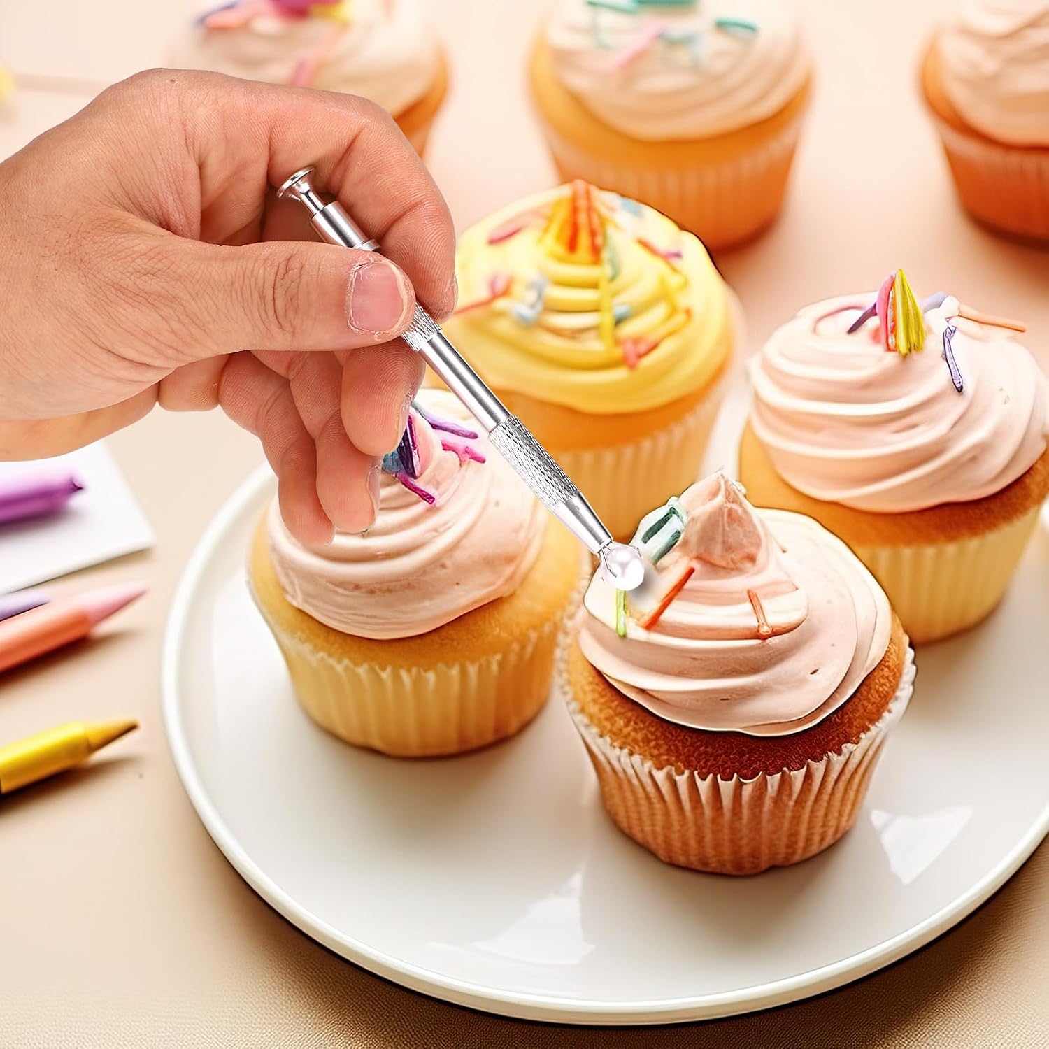 4pcs Sprinkles Tool for Cake Decorating, Jewelry Septum Earring Piercing Ball Bead Holder Screw on Grabber Tool Includes Claw Pen Pearl Grabber & Tweezers with Shovel Head Spoon for Cookie Cupcake