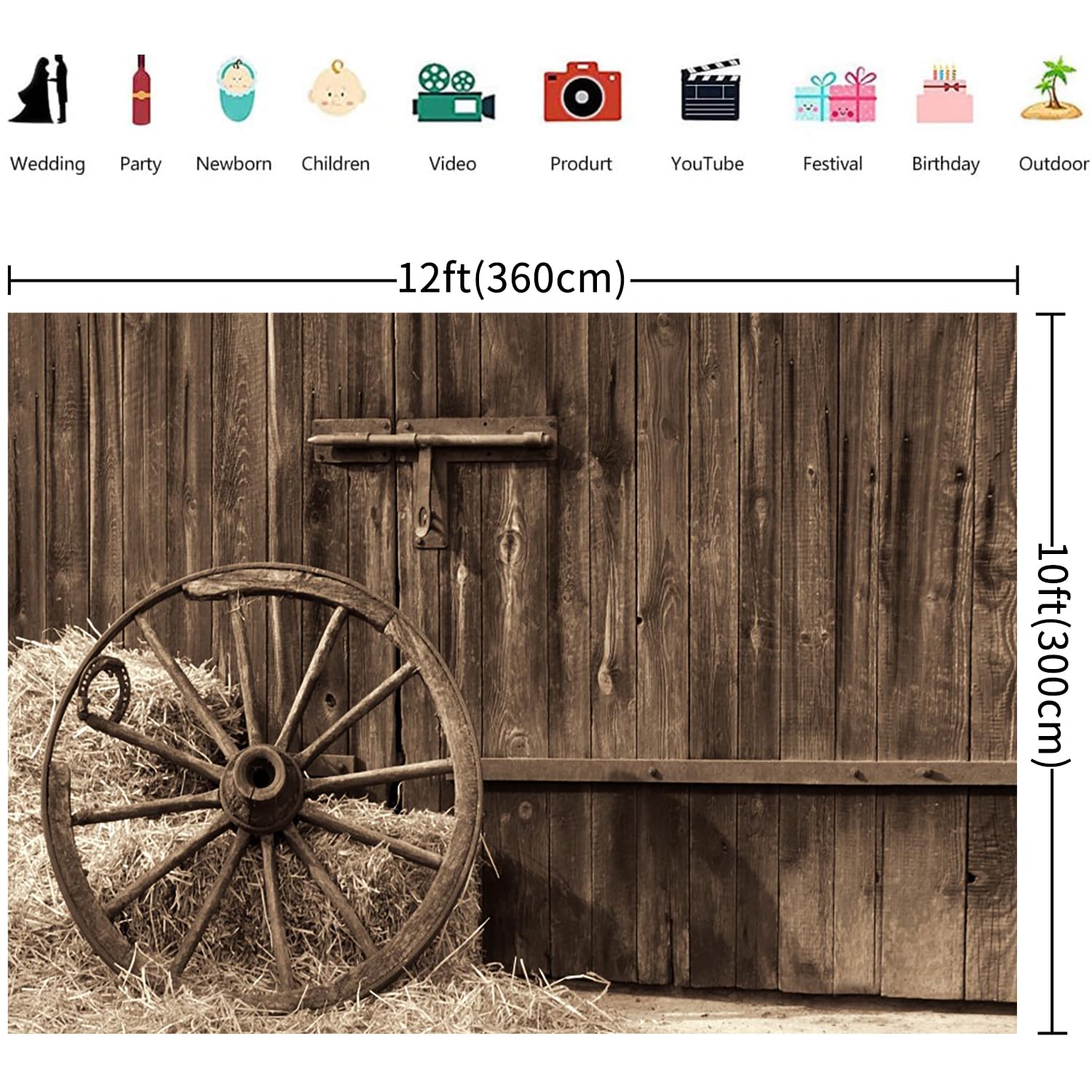 3.6x3m Sfondo Western Cowboy Vecchia porta del fienile con ruota antica balle di fieno pagliaio Sfondo fotografico a tema campagna Decorazioni per feste occidentali Bambini adulti Photoshoot Props