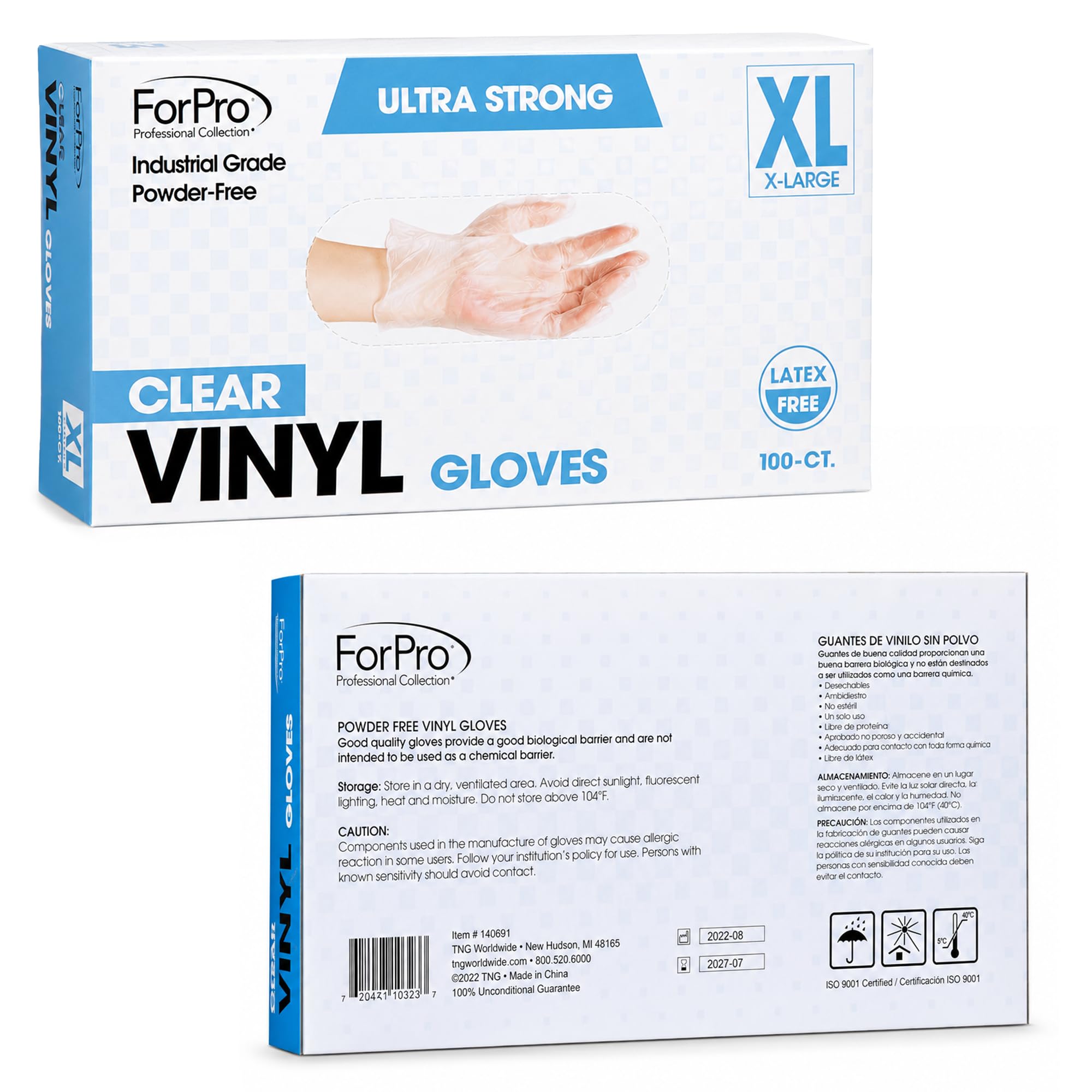 ForPro Einweg-Vinylhandschuhe, transparent, Industriequalität, puderfrei, latexfrei, unsteril, lebensmittelecht, 2,75 mm, Handfläche, 3,9 mm Finger, XL, 100 Stück (10 Stück)