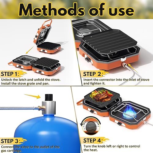 Miniatura 8 de Estufa de popane ajustable de 2 quemadores con 16000 BTU, protección contra llamas, con parrilla de campamento y bolsa de transporte, estufa de