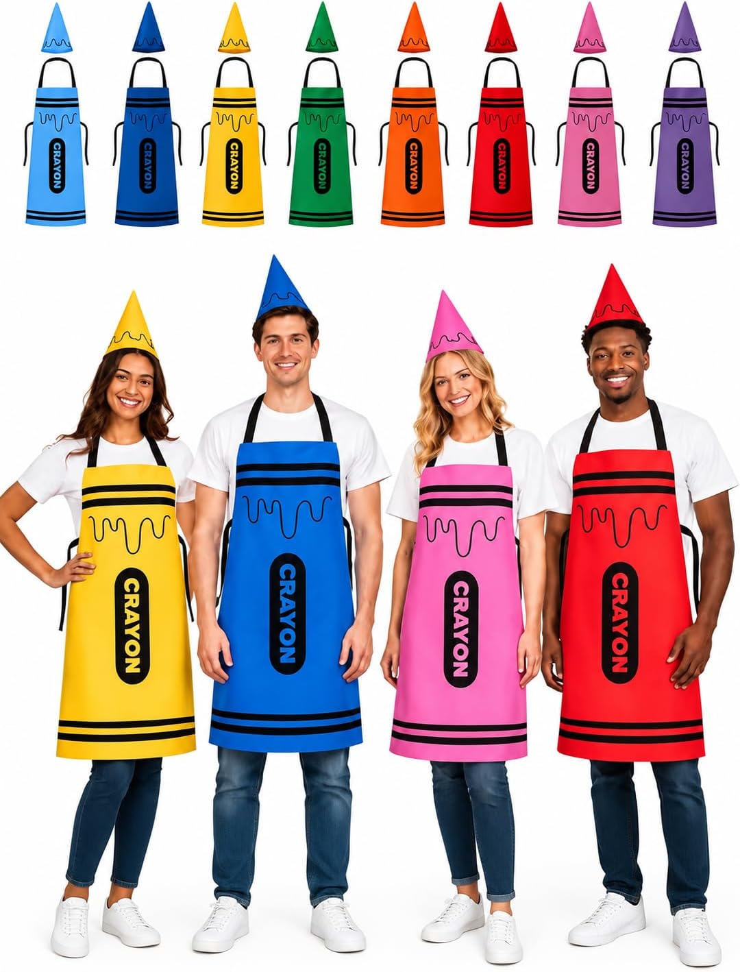 8 Set Crayon Apron Costume for Adults Group Halloween Cone Hat
