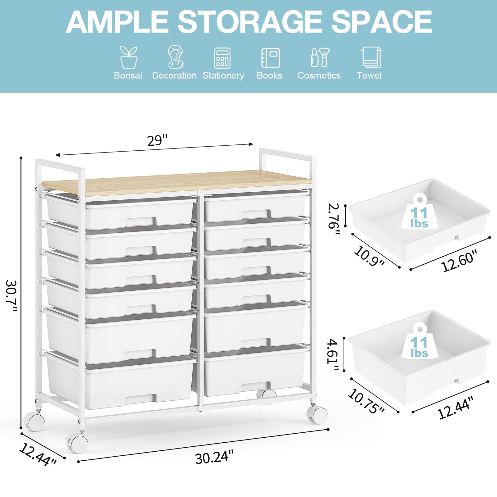 Carrello da bagno con 12 cassetti, in plastica, versatile, carrello per attrezzi, con piano di lavoro simile al legno, per bagno, cucina, soggiorno, ufficio, bianco