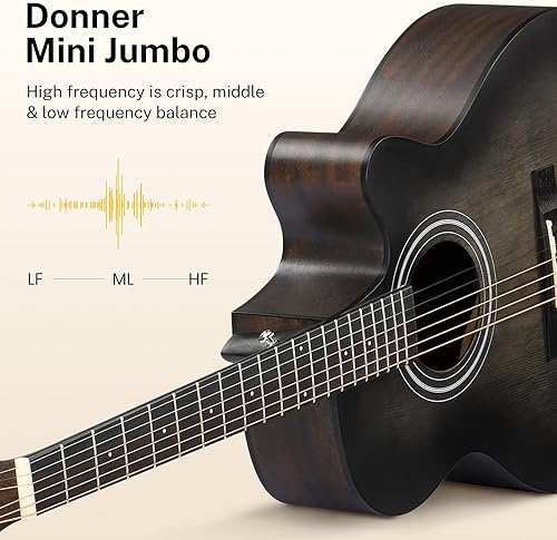 Vista 22 de Donner- Paquete de guitarra acústica Dreadnought de 36”, kit de guitarra para principiantes tamaño 3/4 Negro