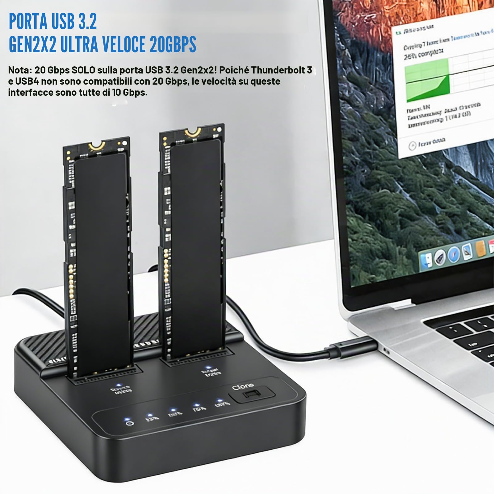 M.2 NVMe & SATA Docking Station 20Gbps Dual Bay M2 NVMe SSD Case USB 3.2 Gen 2 Reader Duplicator Offline Clone Station per 2230/2242/2260/2280 NVMe