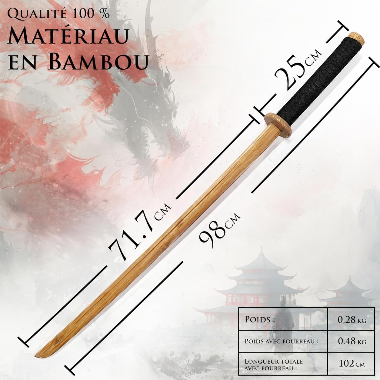 Bokken en Bois Shinai Katana Wakizashi Tanto Kendo Épée Accessoires d'armes en Bois Kendo Entraînement Sabre Samouraï