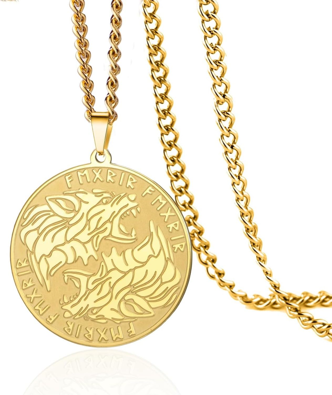 Wuufake Wolf Head Pendant Necklace Norse Viking Runes Stainless Steel Amulet Jewelry for Men, Gold
