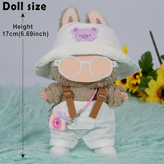 17cm Fashion Doll Clothes & Accessories Set Include: Hat, Overall, Shoes, Glasses and Bag- Cute Clothes for Dress up Unique Style (Doll Not Included), White