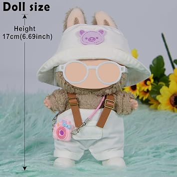17cm Fashion Doll Clothes & Accessories Set Include: Hat, Overall, Shoes, Glasses and Bag- Cute Clothes for Dress up Unique Style (Doll Not Included), White