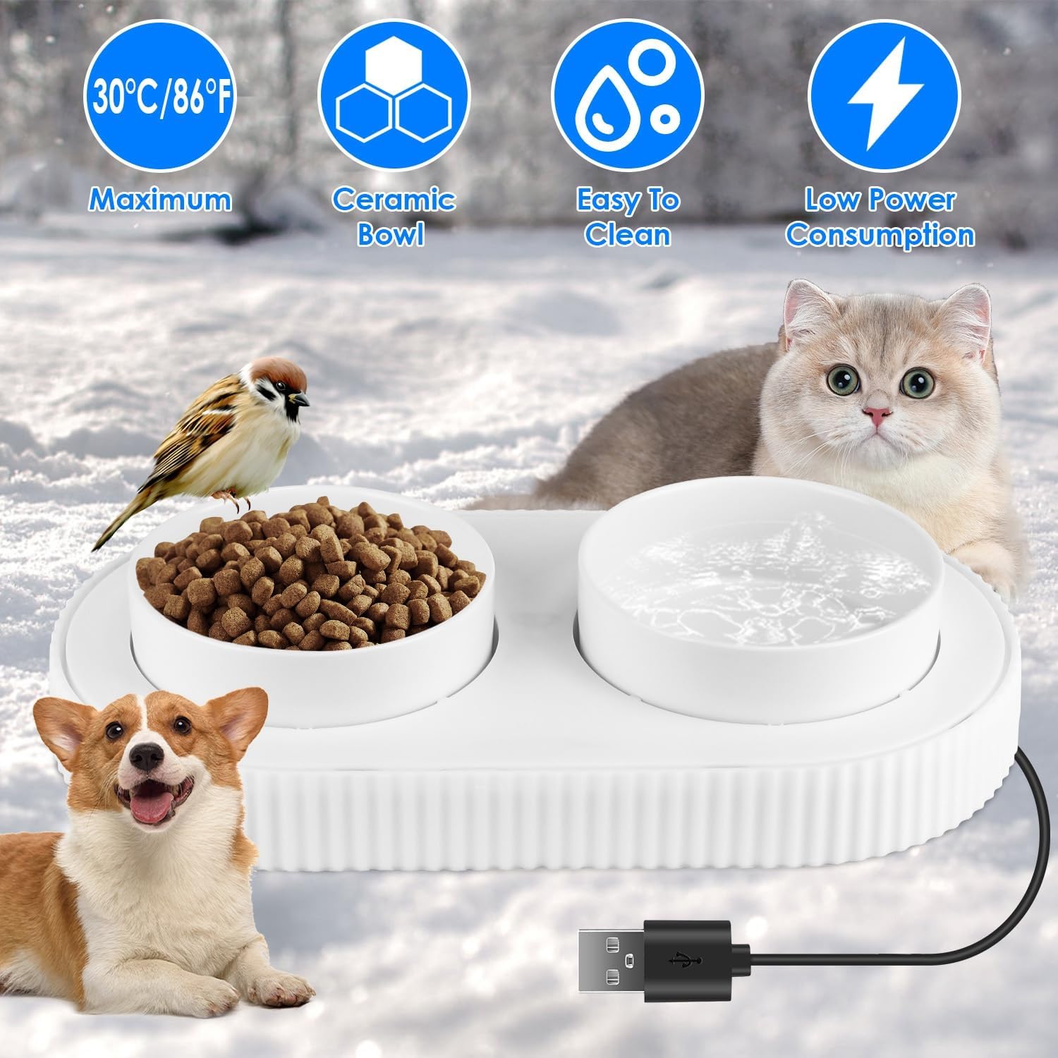 Heated Water Bowl for Dog & Cat, Heated Pet Bowl with Double Ceramic Bowl, Provide Non-Freezing Food & Water, Heated Water Food Bowl Thermal Bowl for Dog Cat Rabbit Squirrel