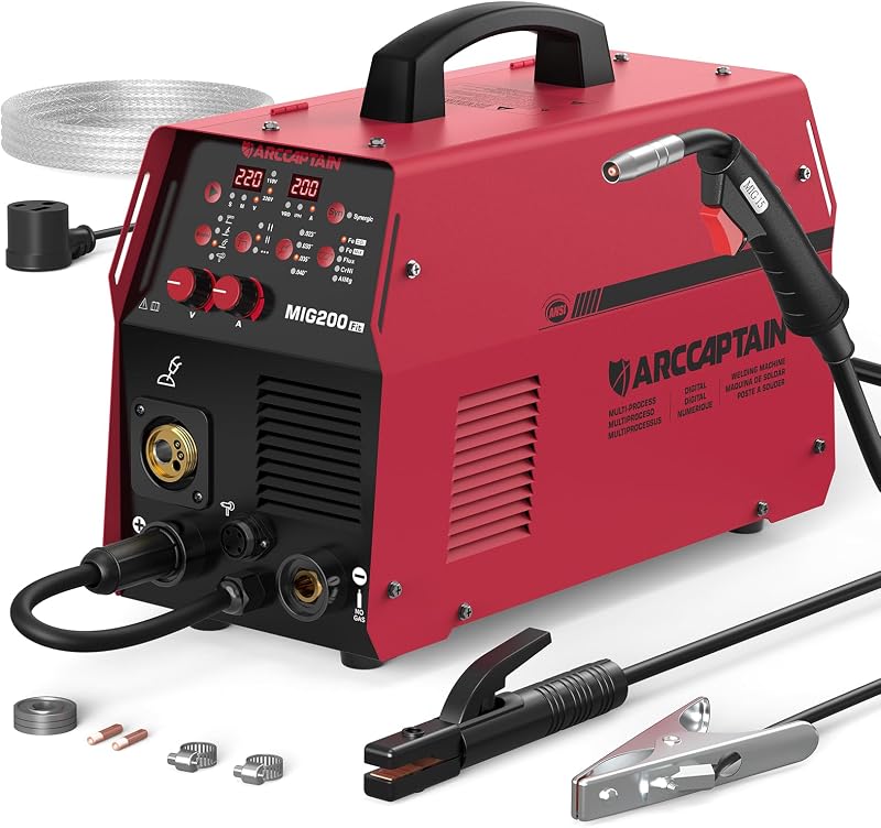 Soldadora MIG 200A, Máquina de soldadura multiproceso 6 en 1 110V/220V | Multiproceso 6 en 1 (Gas MIG, Flux Core, Stick, Lift TIG, Spot, Spool Gun) / Control de sinergia / 2T y 4T / Diseño para principiantes