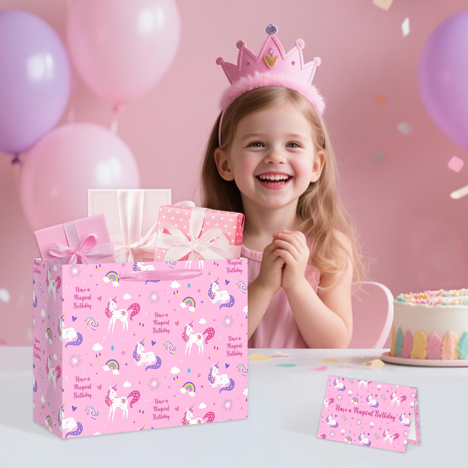Reyoust 13" Large Magical Pink Unicorn Happy Birthday Gift Bag Set With Tissue Paper and Greeting Card Rainbow and Clouds Birthday Party Decorations for Girls Kids 13" L x 10.2" H x 4.9" D