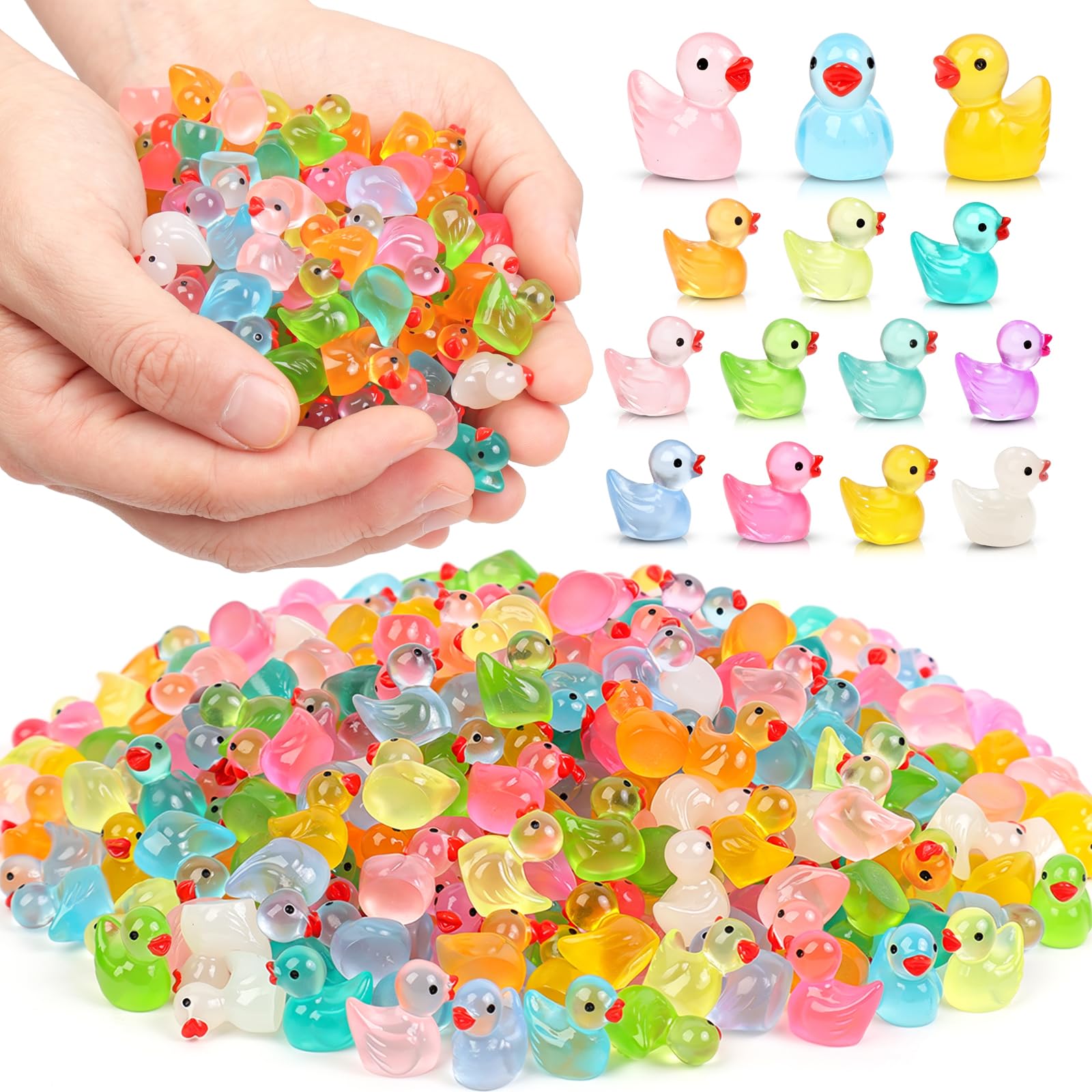 Onsioesd 180PCS Mini Resin Ducks 11 Colors Variety Glow in The Dark Tiny Ducks Figures Bulk for Dollhouse, Fairy Garden,Micro Landscape Aquarium, Potted Tiny Homes, Party Decoration DIY Craft