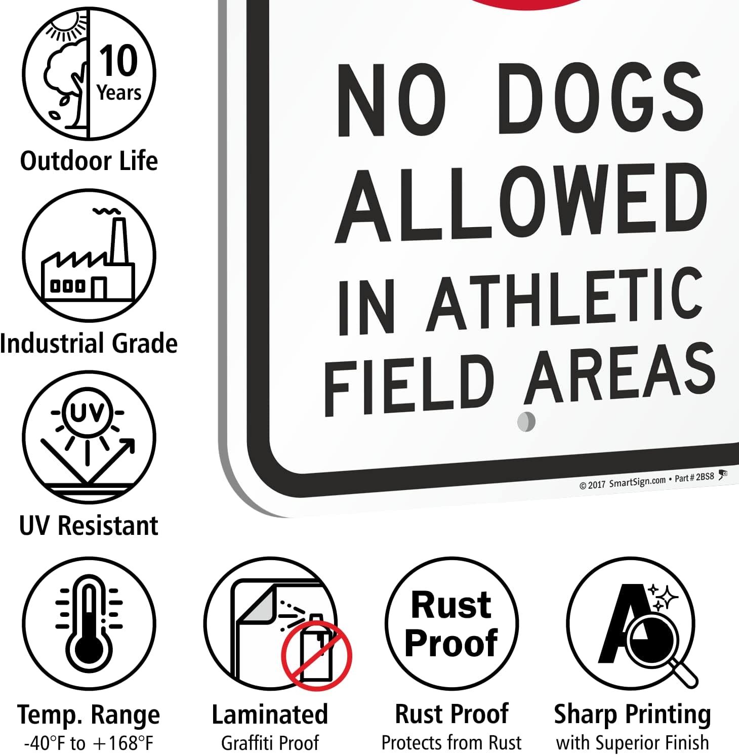 SmartSign - K-7388-AL-12x18 "No Dogs Allowed In Athletic Field Areas" Sign | 12" x 18" Aluminum Black/Red on White